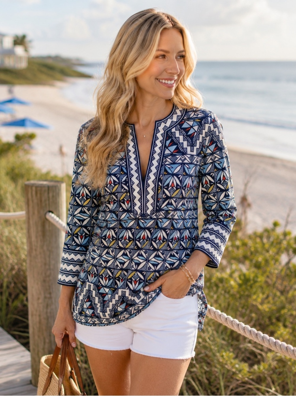 Tory Burch Navy, White, Light Blue and Orange Geometric Print Top